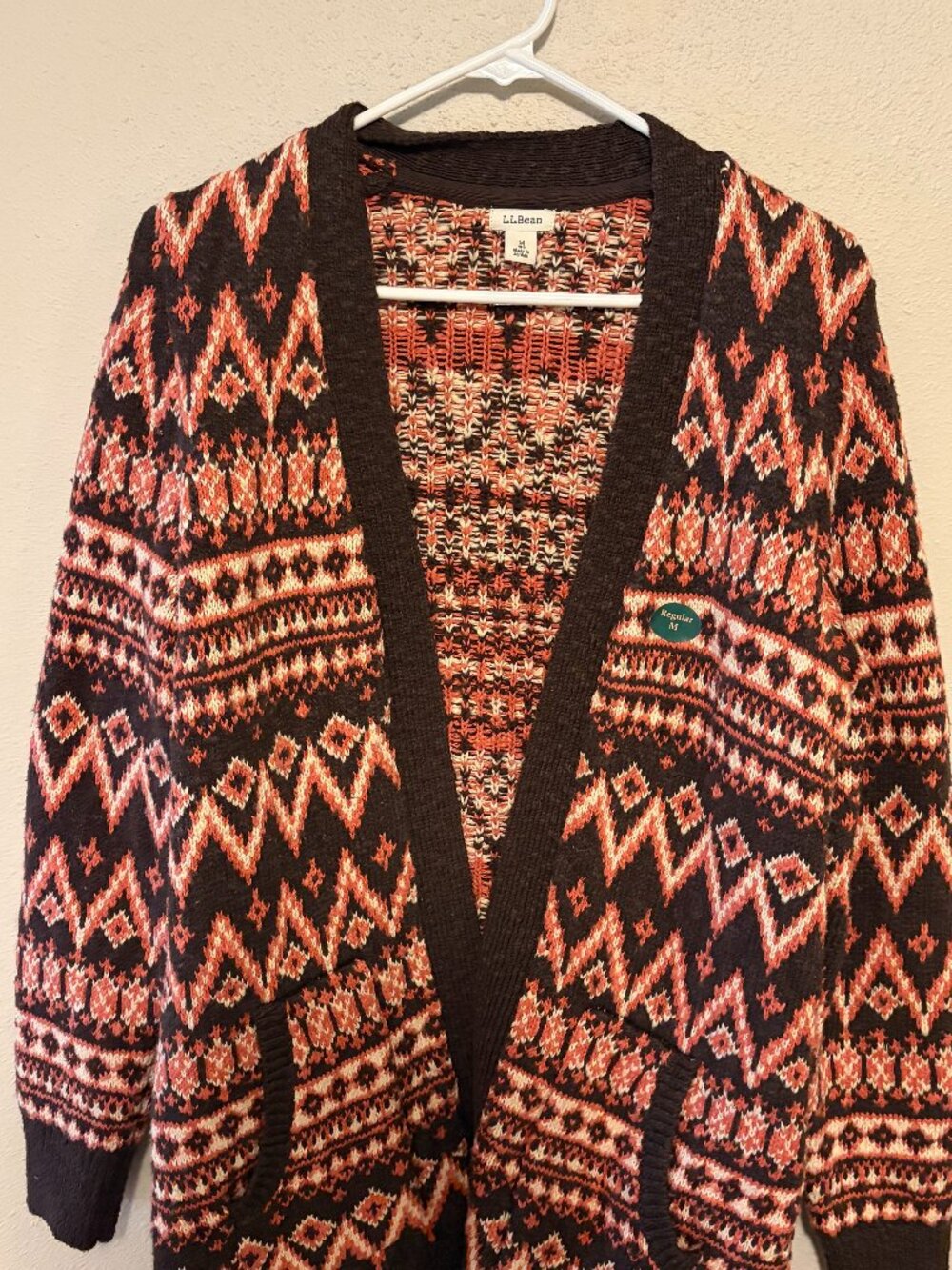 L.L.Bean Cotton Ragg Fair Isle Open Cardigan Sweater M Brown Orange